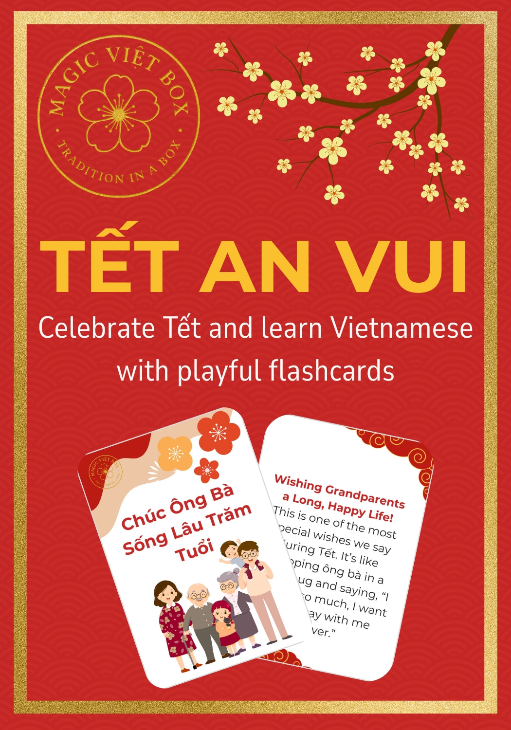 Cover of 'Tết An Vui' with colorful text and images on a red background