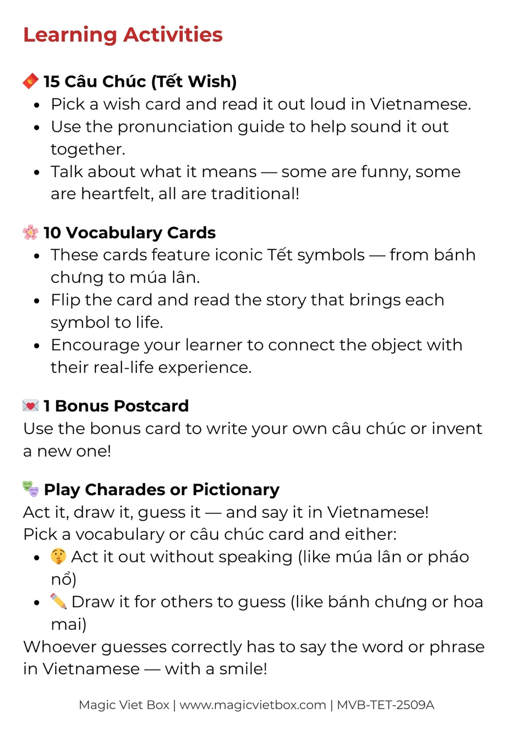 Learning activities for a Vietnamese Tet-themed educational product, including reading wish cards, vocabulary cards, and charades.