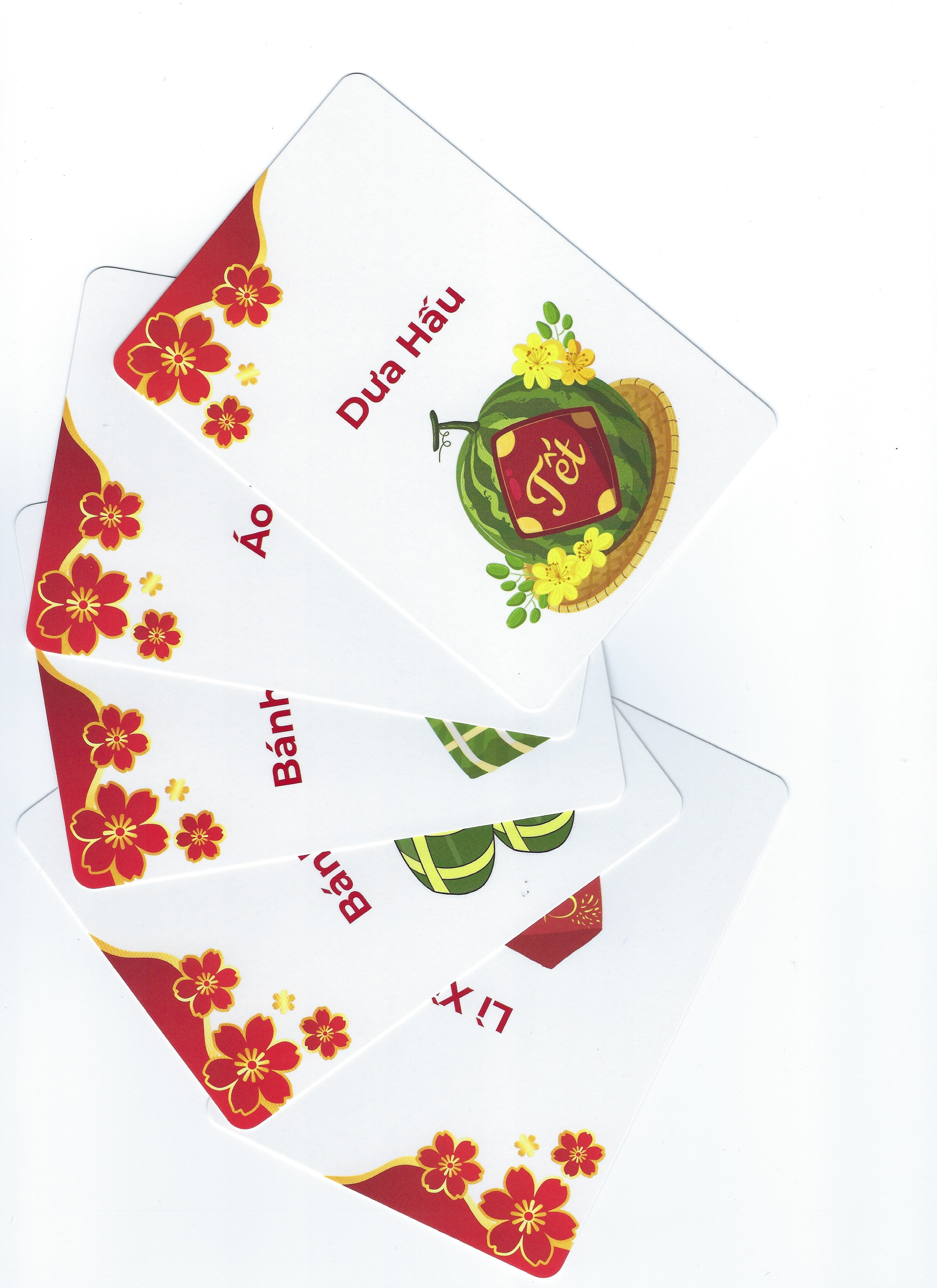 Set of Vietnamese New Year cards with traditional symbols and text on a white background